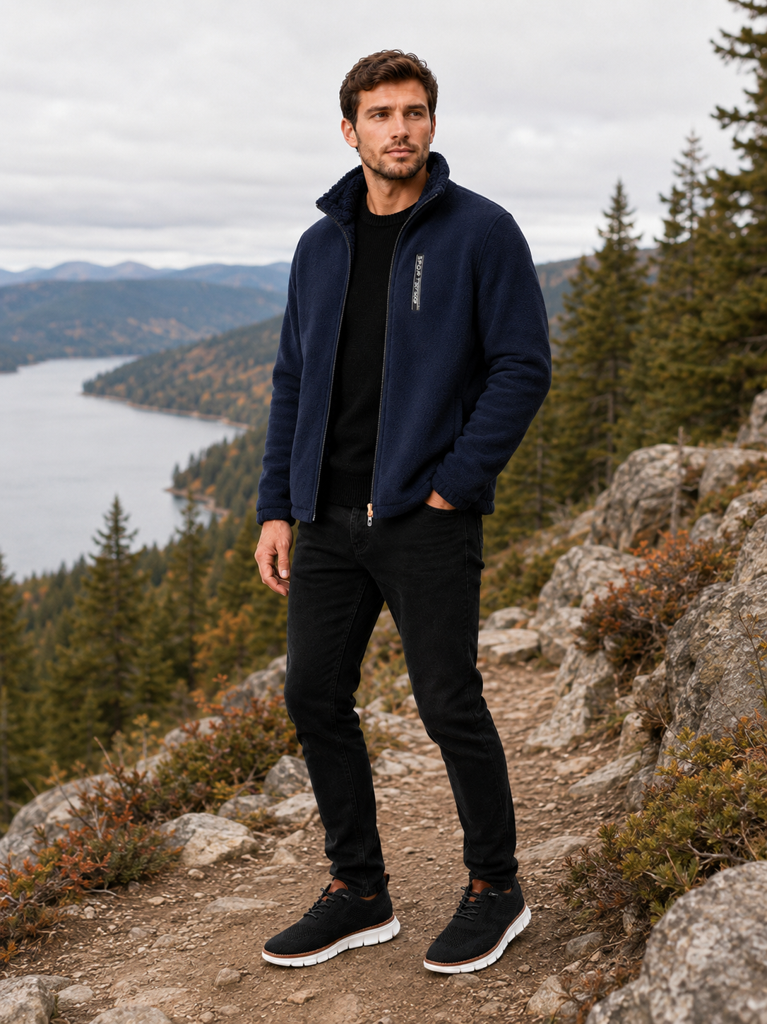 Man wearing a navy polar fleece jacket for hiking and outdoor activities in cold fall and winter weather