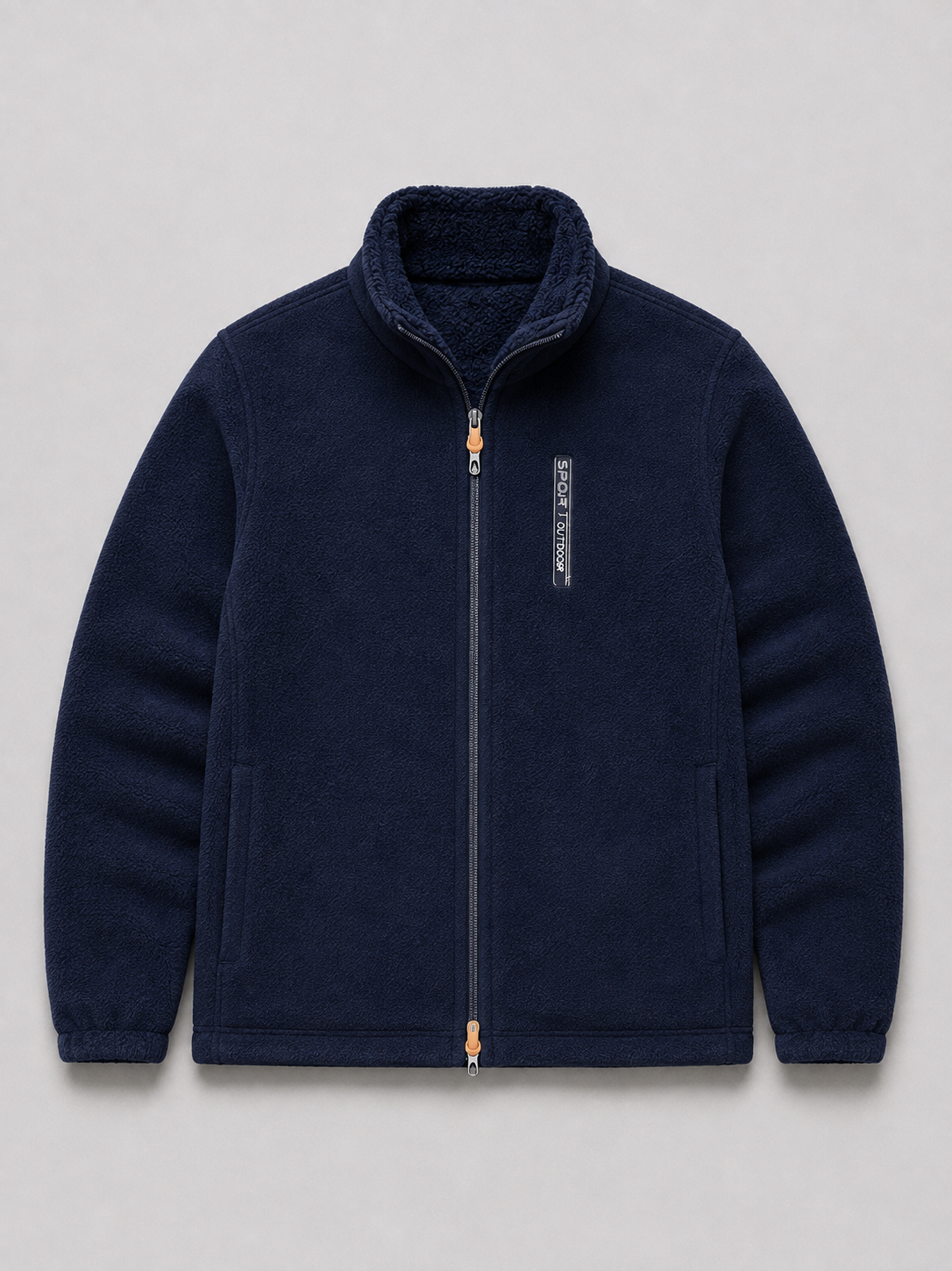 Navy men’s polar fleece jacket with a full zip front, stand collar, and thick insulated design displayed on a plain background