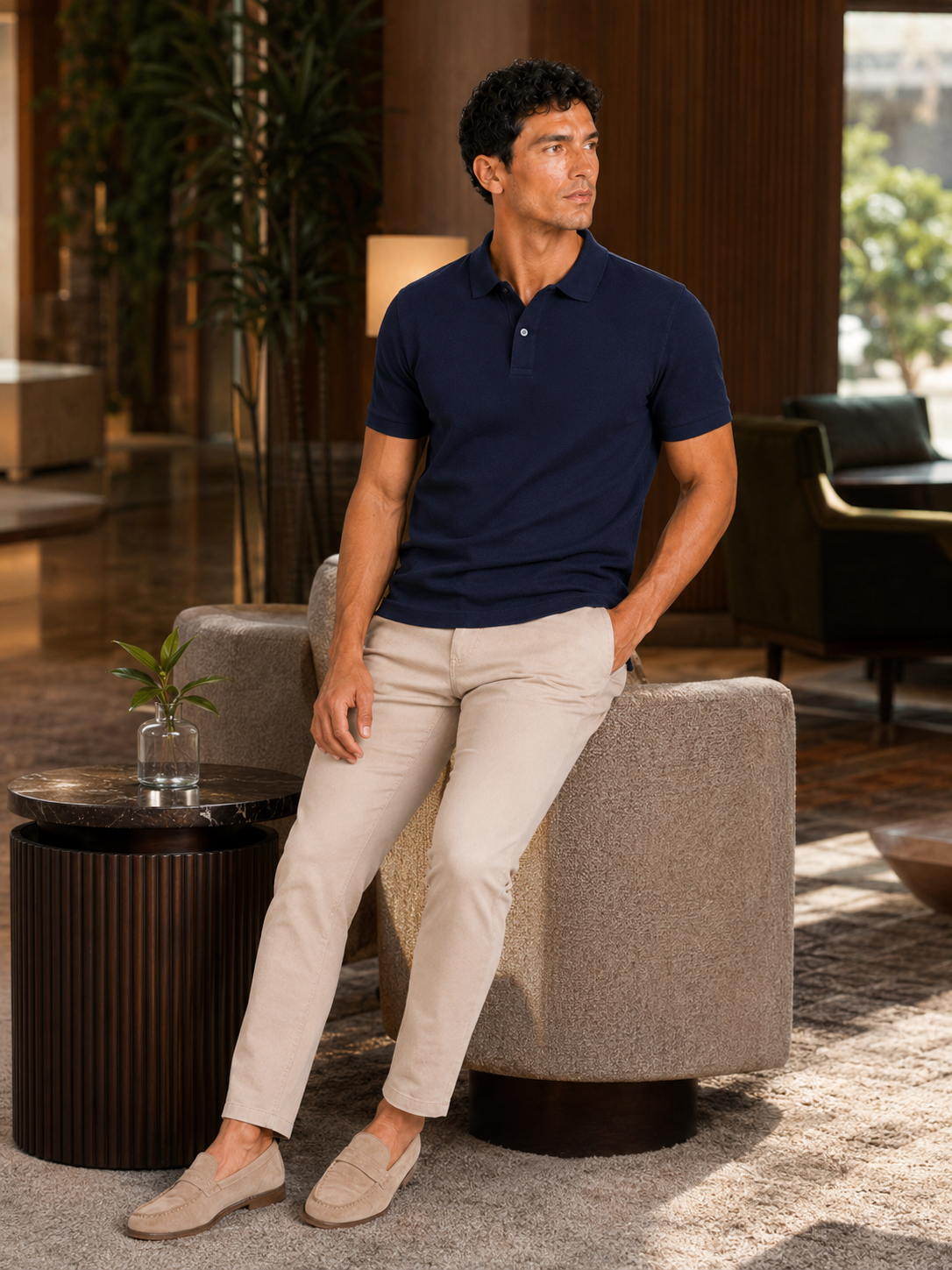 Man styling navy polo shirt in a refined summer lifestyle outfit for golf and casual wear