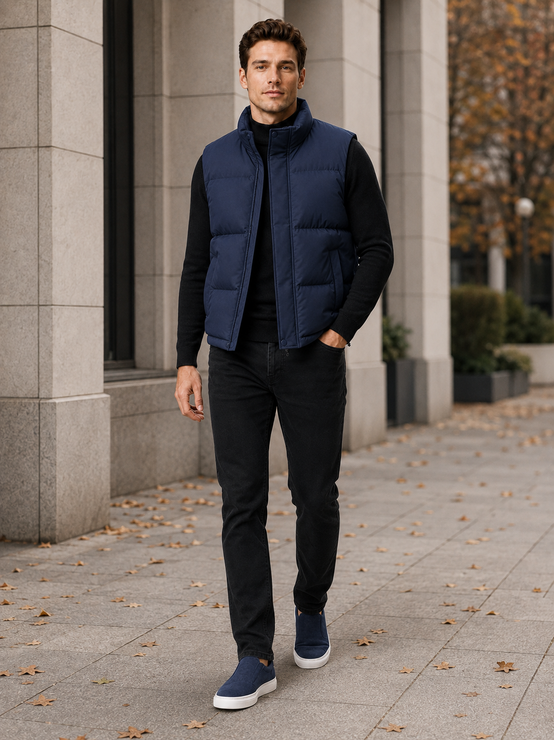 Man wearing a navy thick insulated puffer vest in a casual fall winter outfit for outdoor and everyday wear