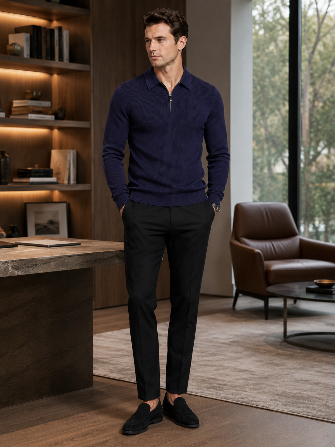 Man wearing a navy quarter zip long sleeve polo in a classic business casual office outfit for fall