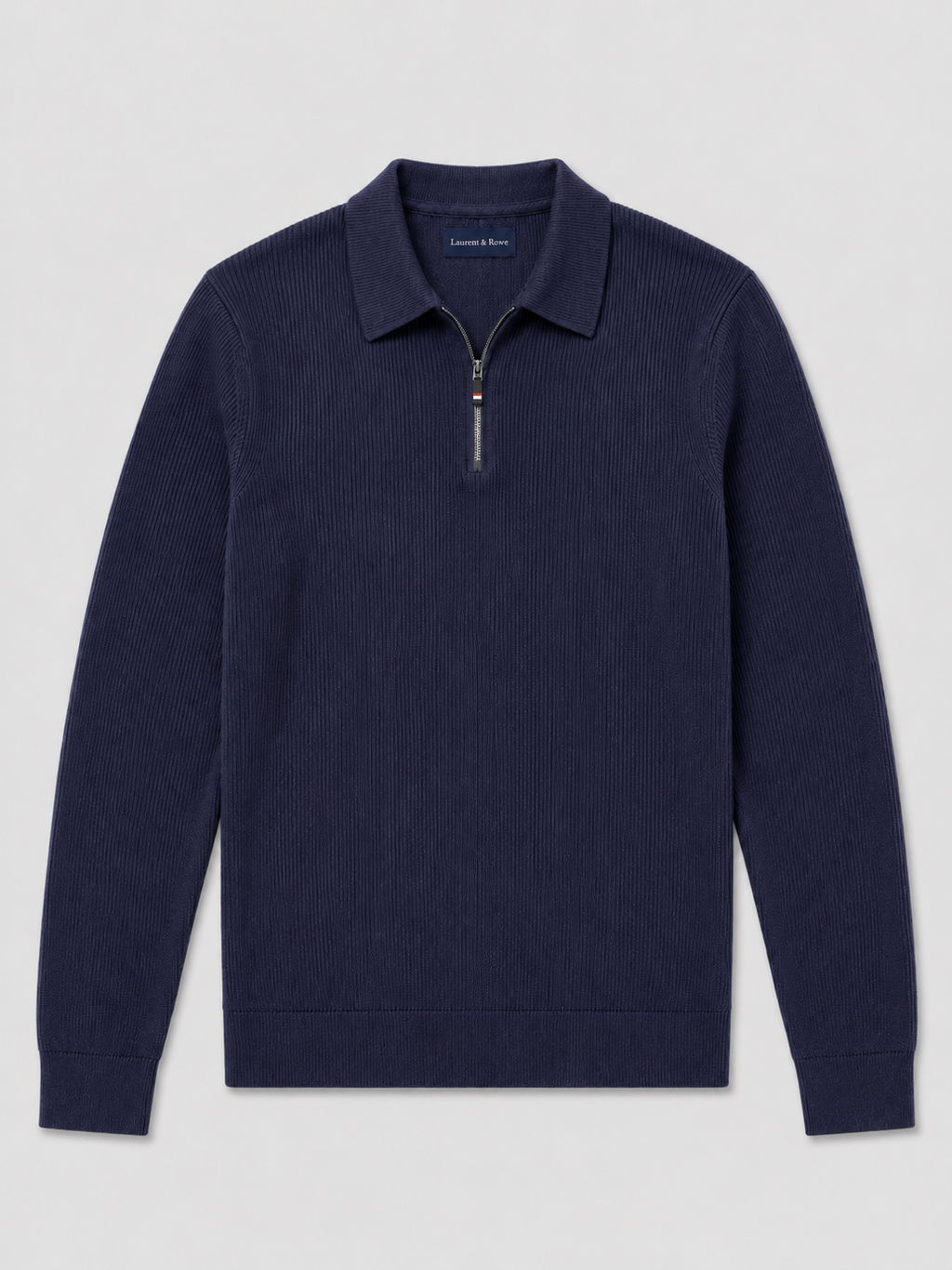 Navy men’s quarter zip long sleeve polo with a lapel collar displayed on a plain background