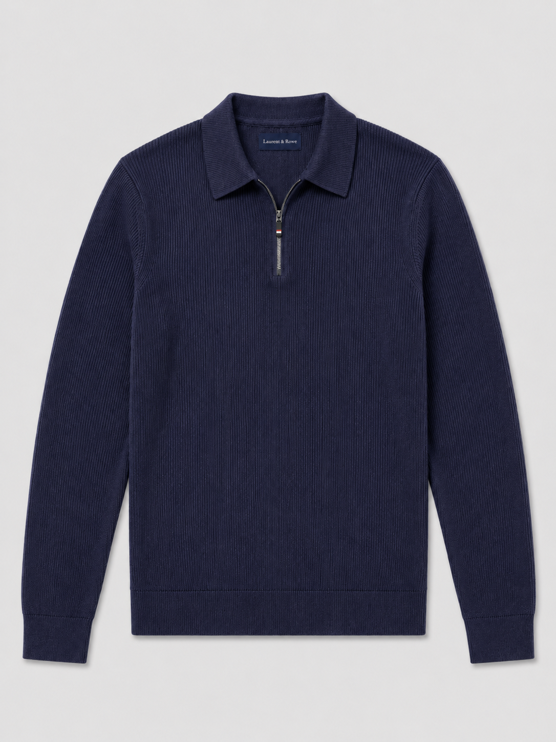 Navy men’s quarter zip long sleeve polo with a lapel collar displayed on a plain background