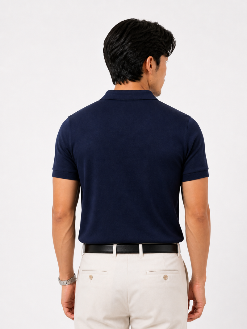 Navy quarter zip polo shirt for men soft breathable fabric refined smart casual outfit