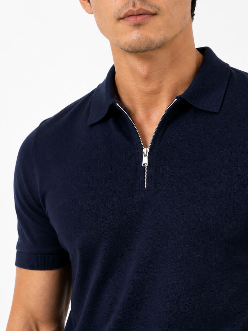 Men’s navy short sleeve quarter zip polo lightweight comfortable summer business casual wear