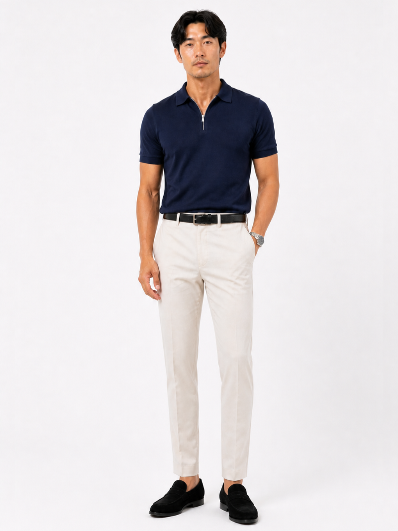 Navy quarter zip polo shirt short sleeve minimal breathable top quiet luxury style