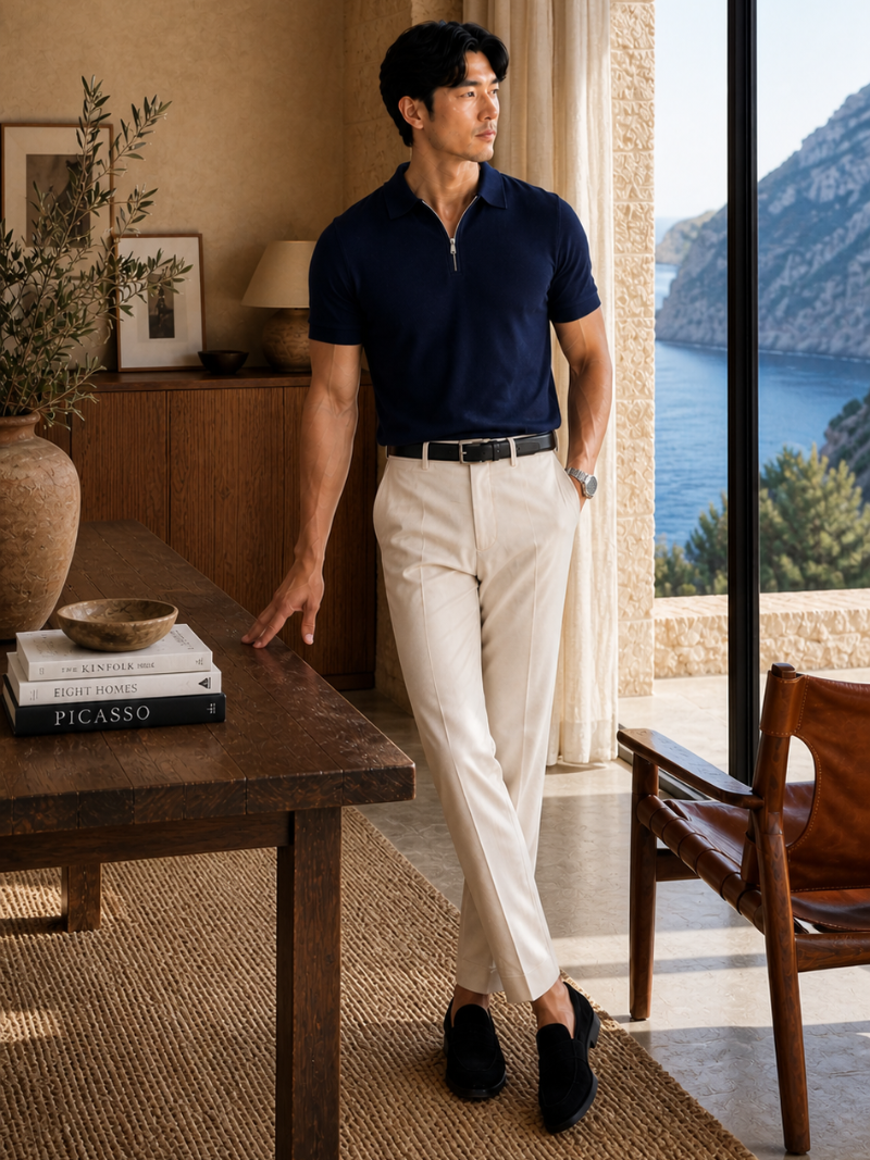 Navy short sleeve quarter zip polo soft breathable fabric modern business casual summer look
