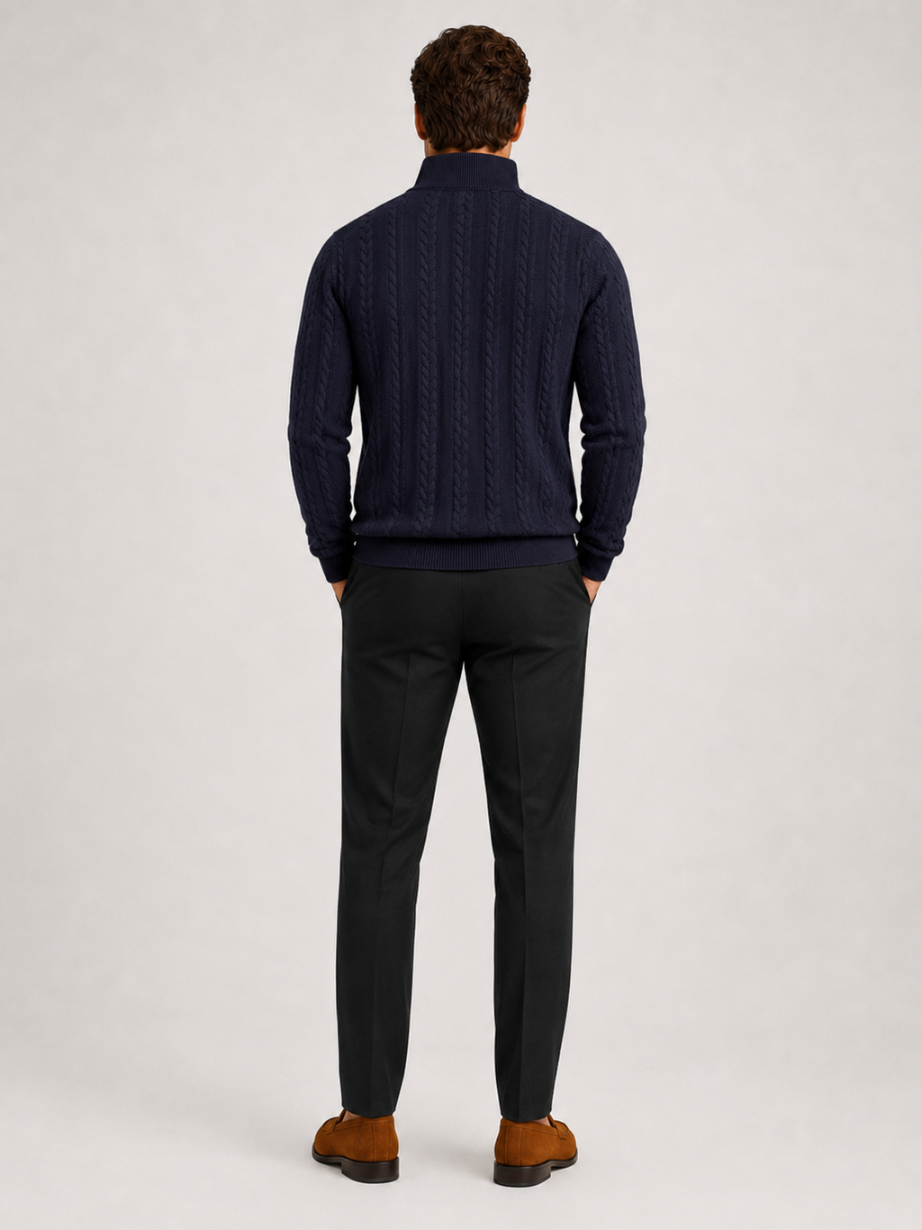 Men’s navy textured knit quarter zip sweater comfortable cold weather layer for casual outfits