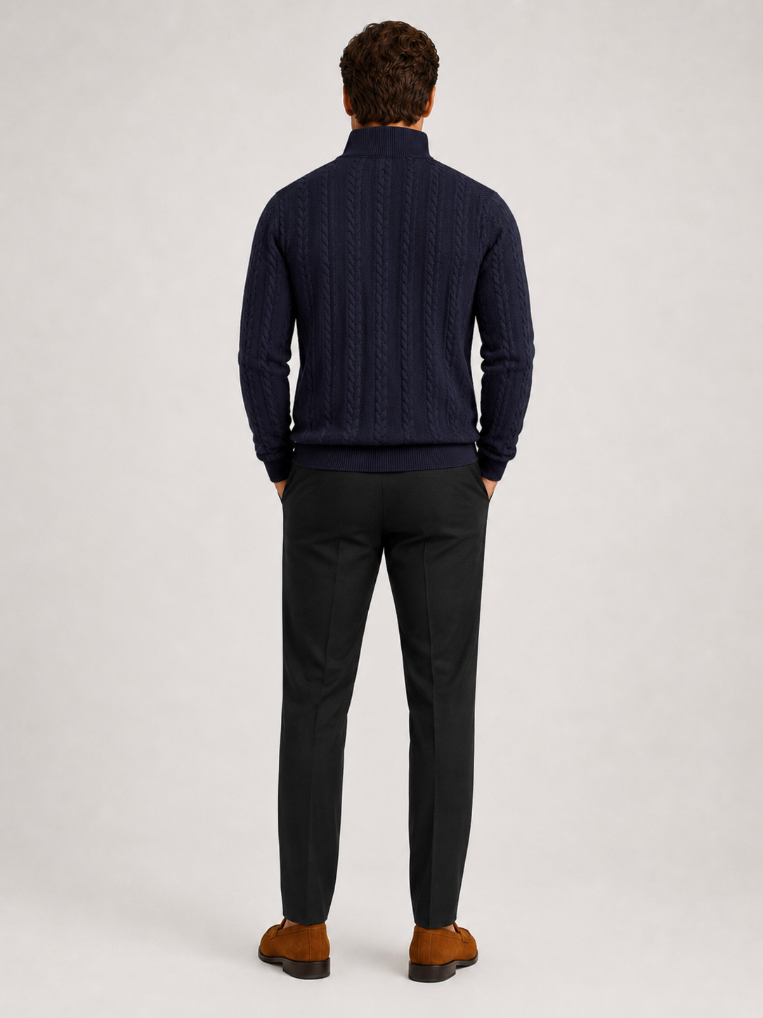 Men’s navy textured knit quarter zip sweater comfortable cold weather layer for casual outfits
