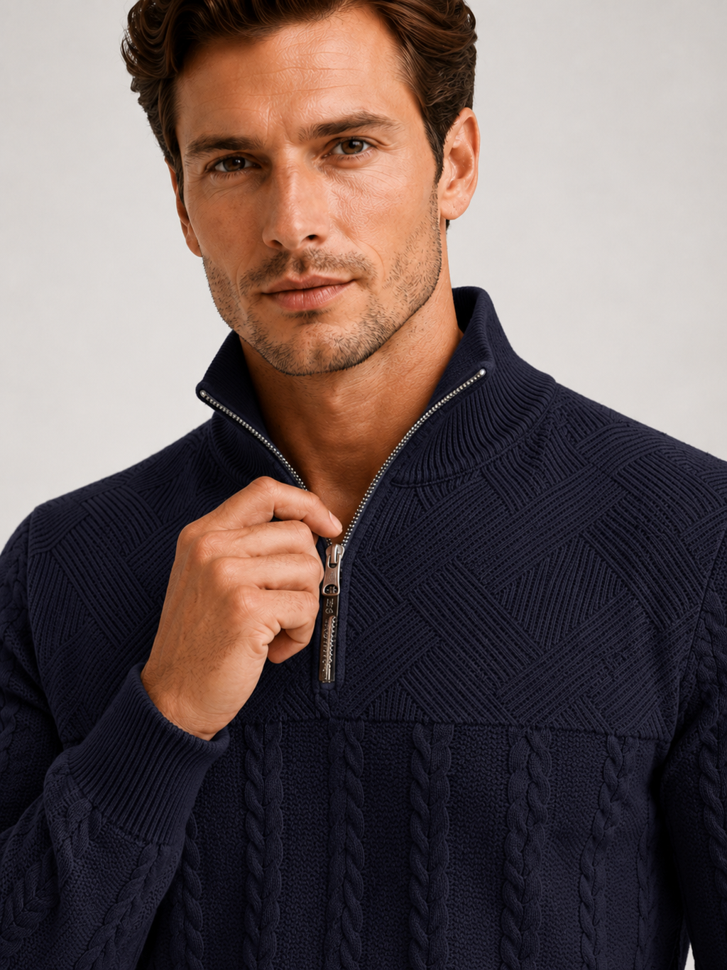 Close up of navy jacquard sweater showing textured knit pattern, quarter zip, and warm fabric detail