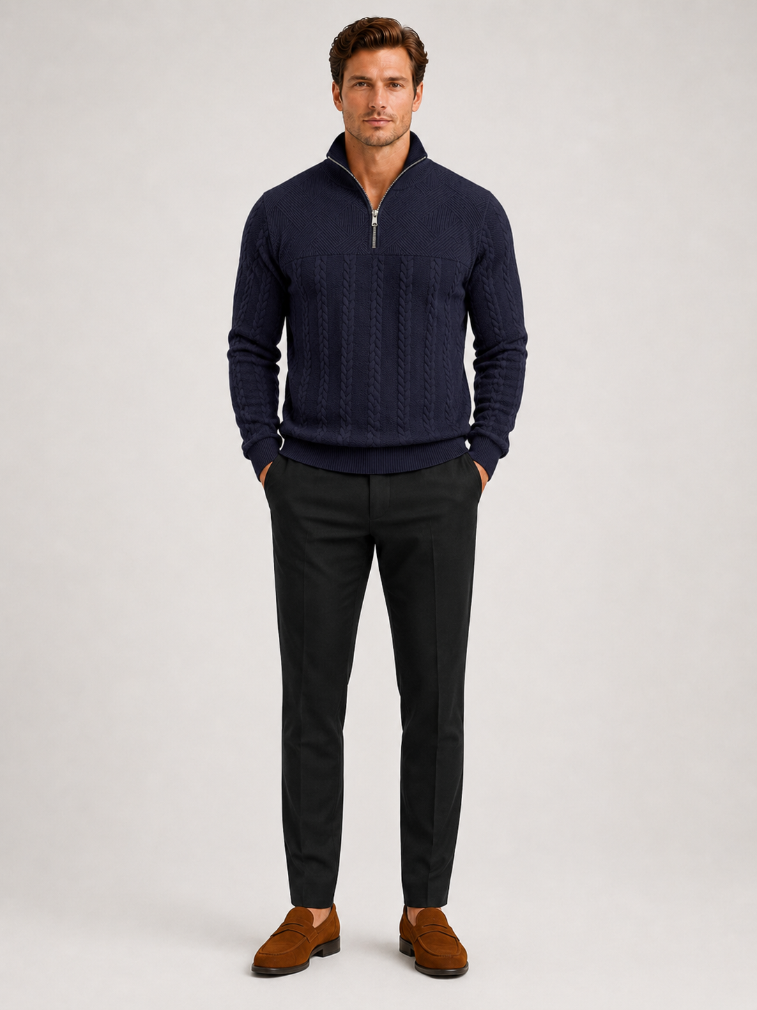 Navy jacquard quarter zip sweater for men warm long sleeve fall winter pullover for everyday wear