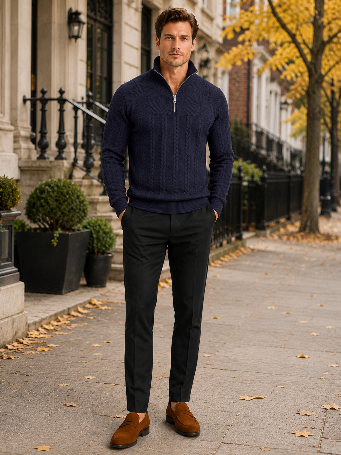 Man styling navy jacquard quarter zip sweater in a classic everyday winter lifestyle outfit