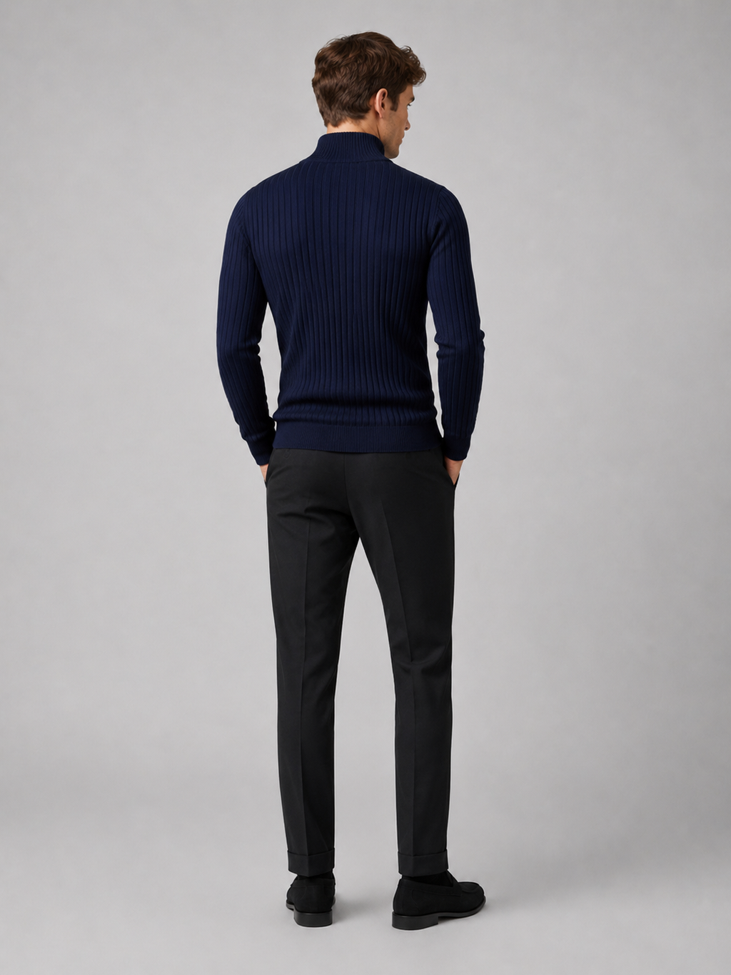 Men’s navy knit sweater comfortable mock neck layer for business casual and casual outfits