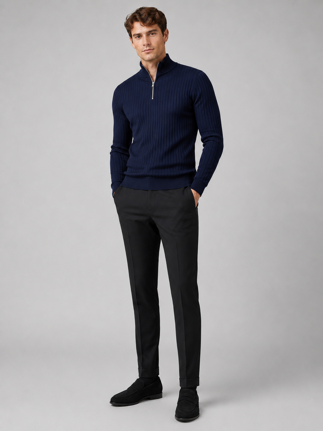 Navy quarter zip sweater for men long sleeve fall winter pullover for everyday wear