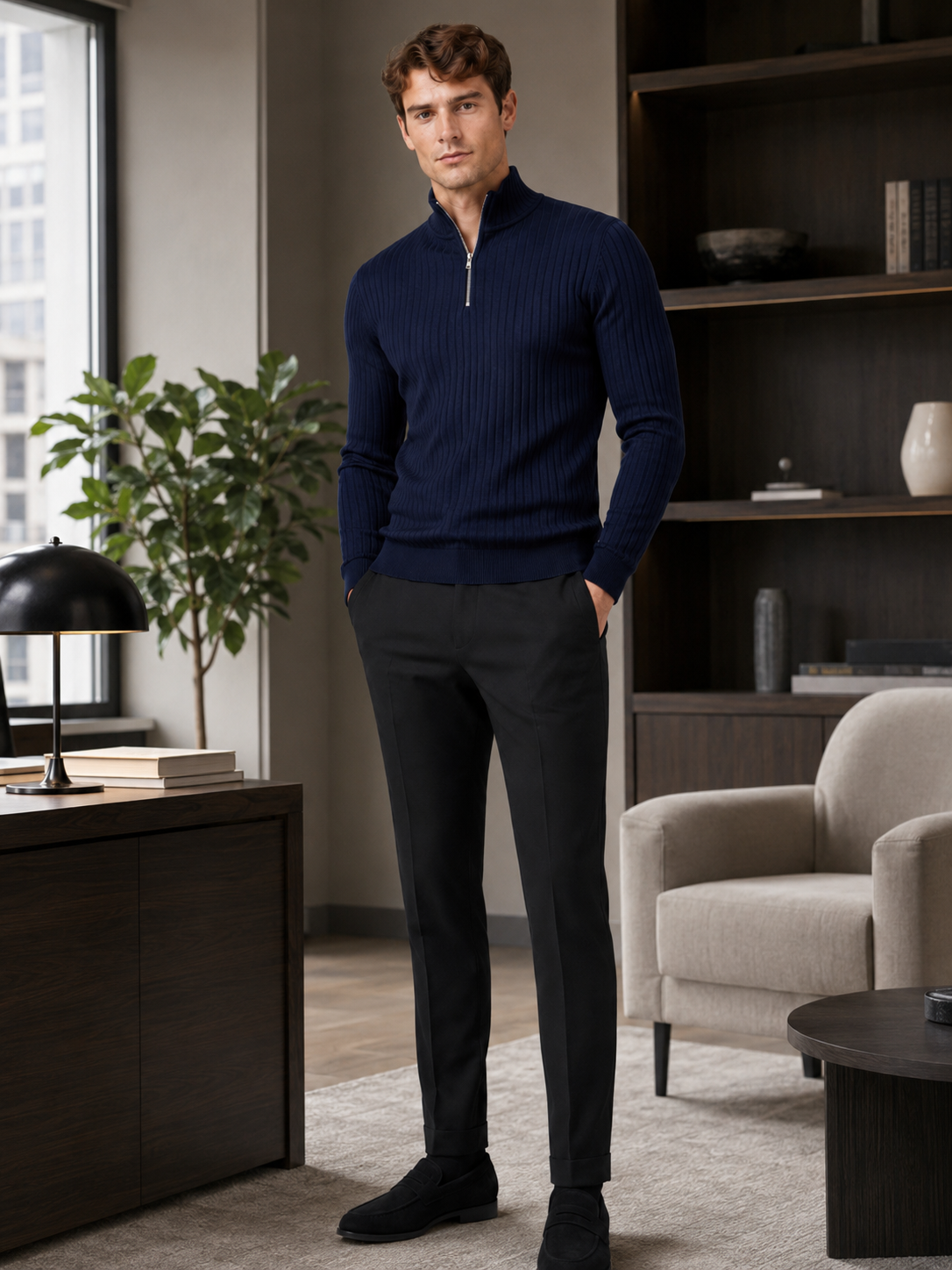 Man styling navy quarter zip sweater in a refined business casual and everyday lifestyle outfit