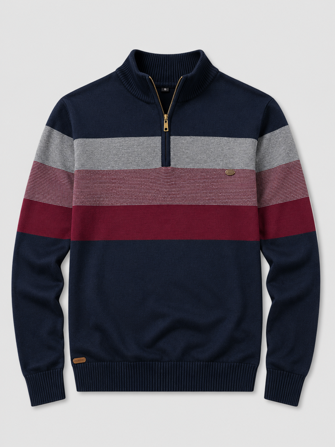 Navy men’s patchwork cotton quarter zip sweater with mock neck displayed on a plain background