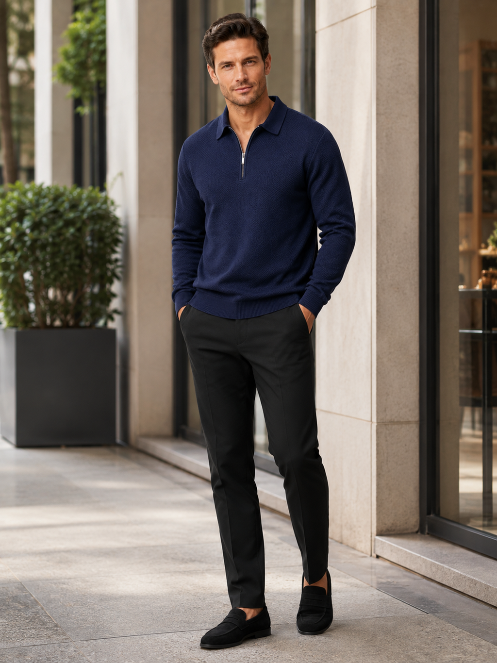 Man wearing a navy lightweight quarter zip polo sweater in a business casual fall winter outfit