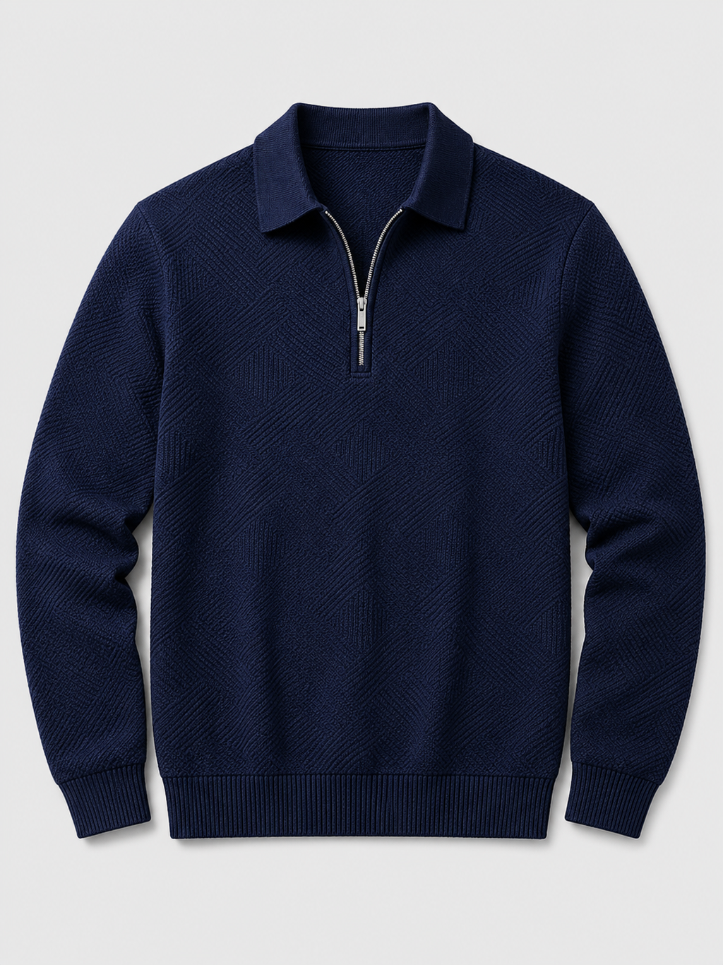 Navy men’s lightweight quarter zip polo sweater with long sleeves displayed on a plain background