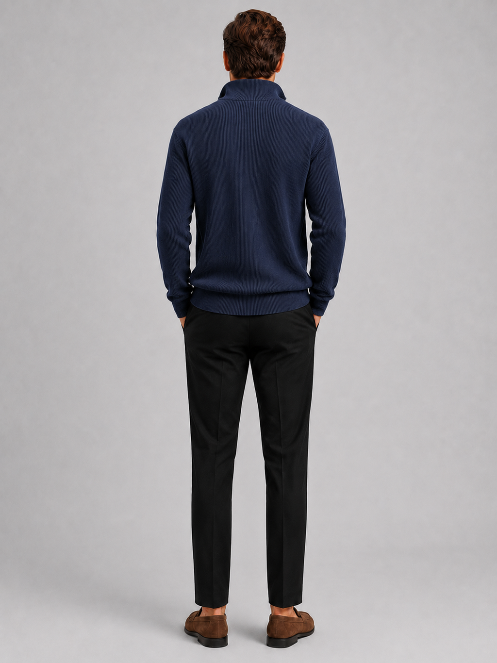 Men’s navy stand collar knit sweater comfortable fall winter layer for business casual outfits