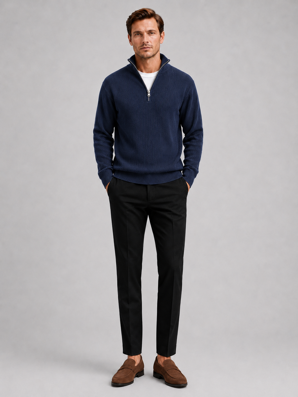 Navy ribbed quarter zip sweater for men warm long sleeve pullover for everyday winter wear