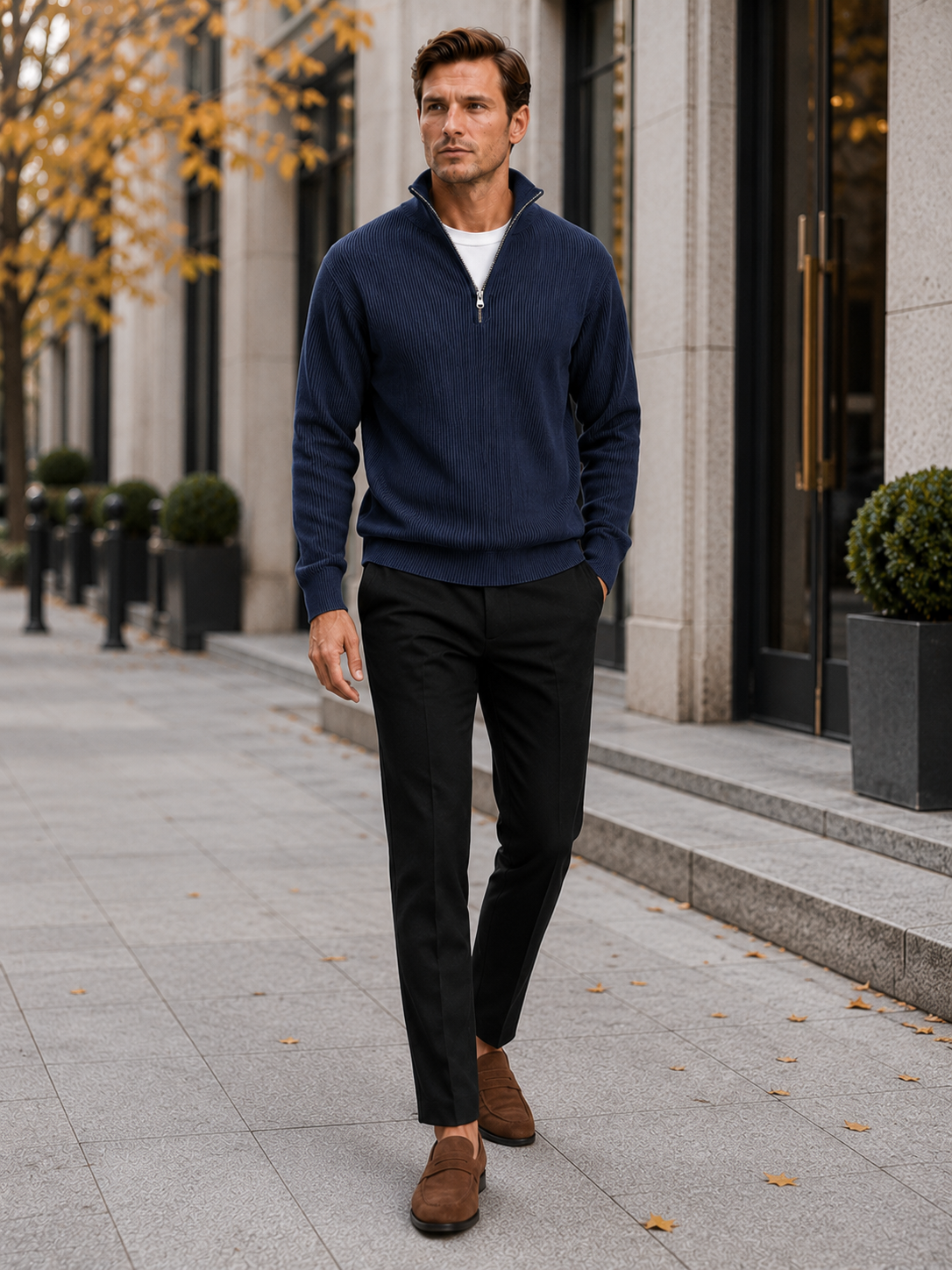 Man styling navy ribbed quarter zip sweater in a refined everyday winter lifestyle outfit