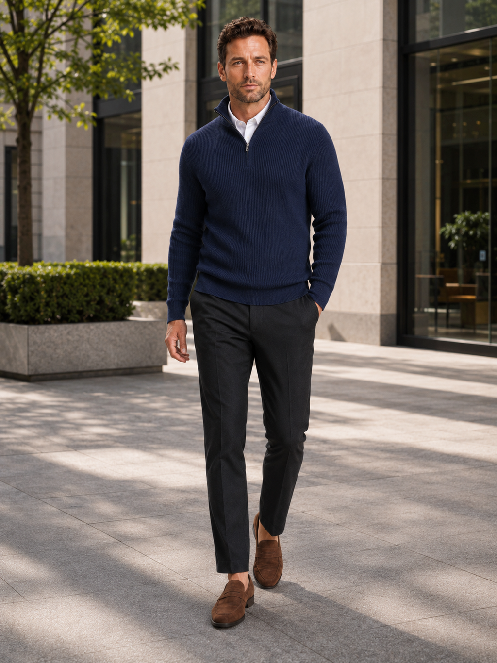 Man wearing a navy slim fit quarter zip mock neck sweater in a classic business casual winter outfit