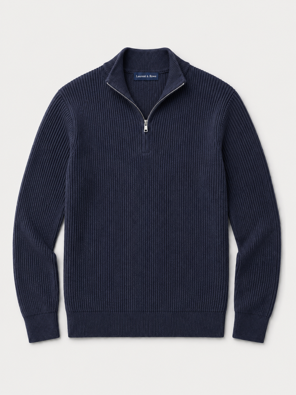 Navy men’s slim fit quarter zip mock neck sweater displayed on a plain background
