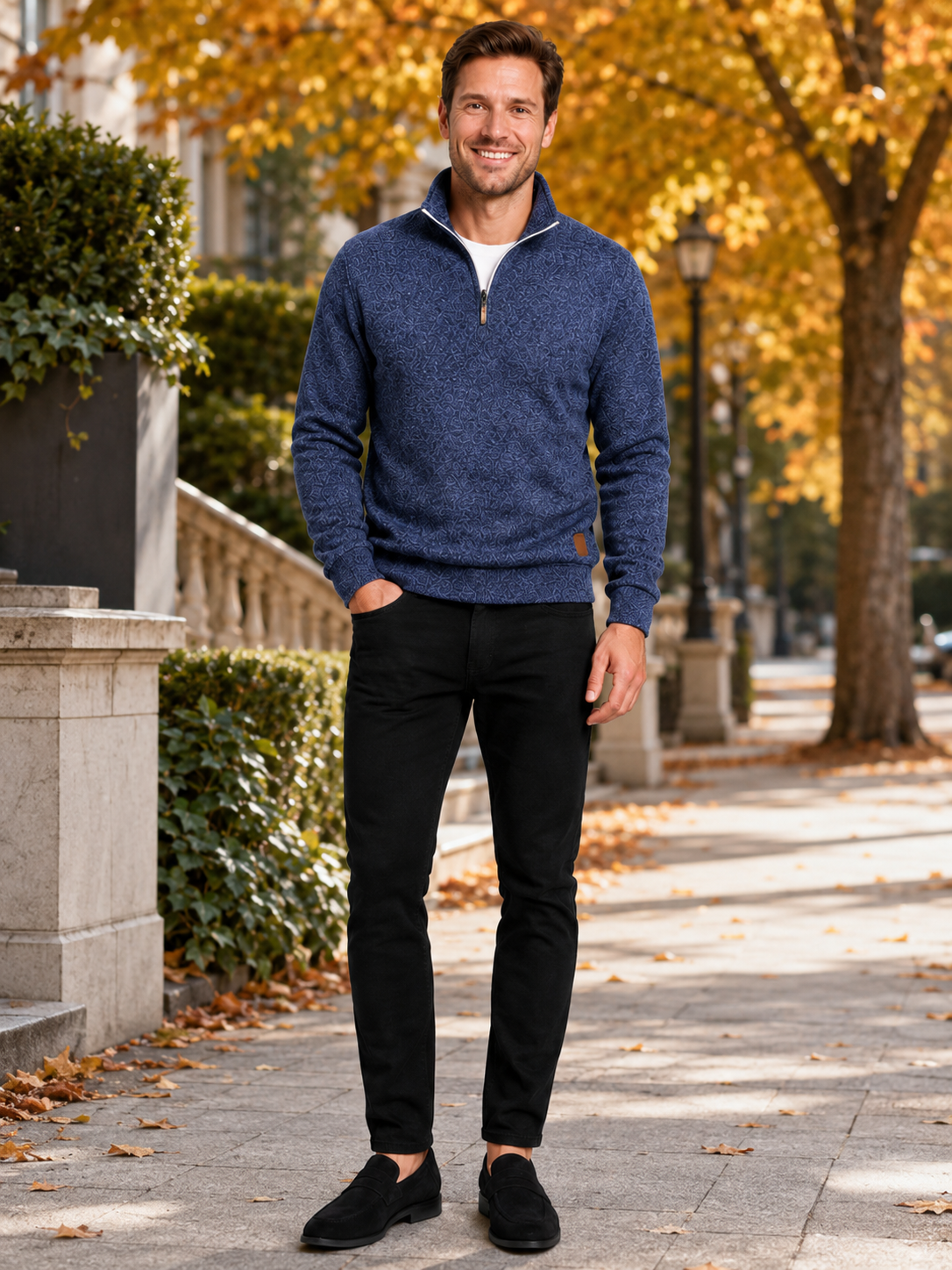 Man styling navy quarter zip sweater in a classic everyday and sportswear lifestyle outfit