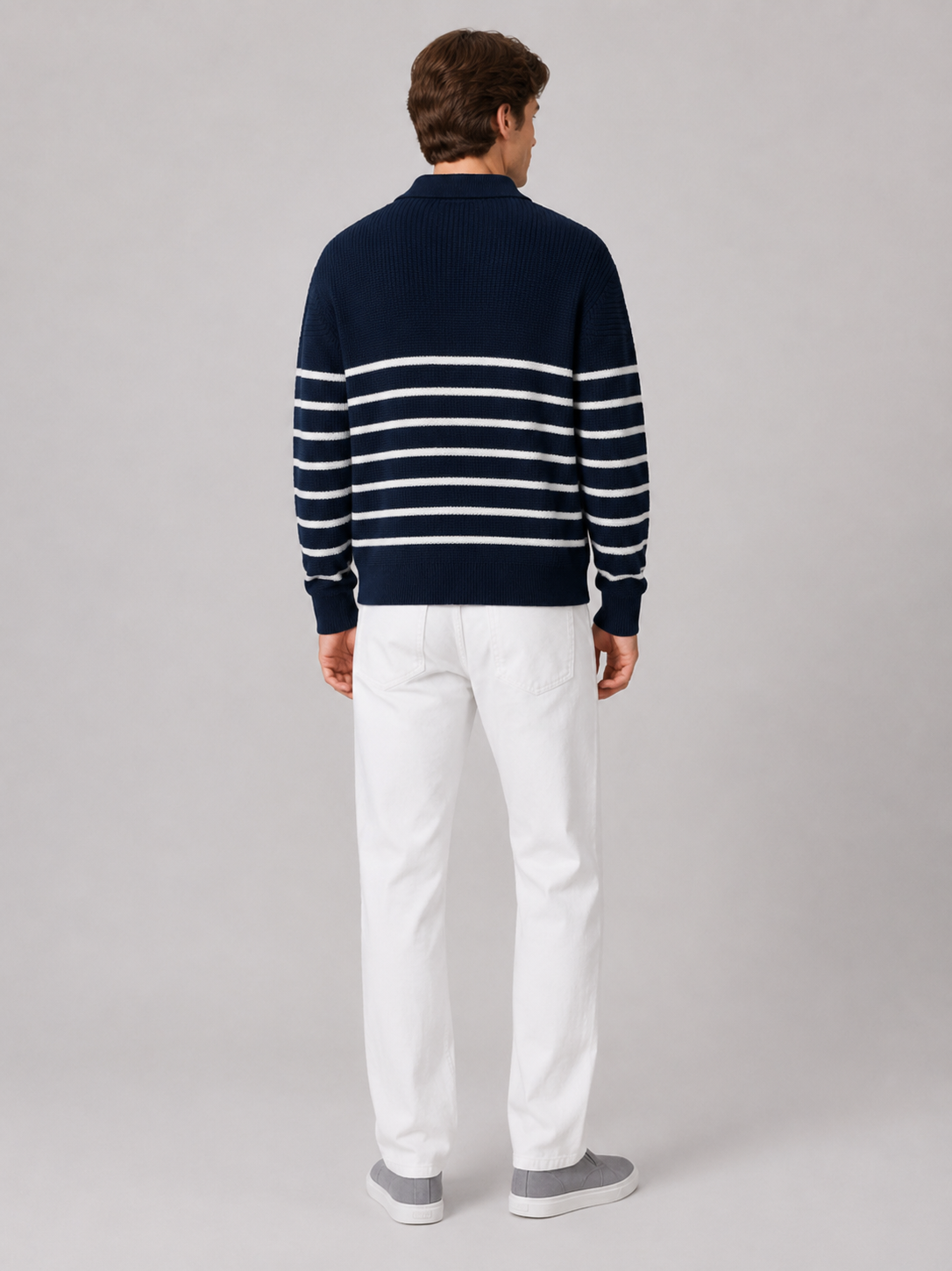 Men’s navy knit sweater with striped pattern comfortable fall layer for casual outfits