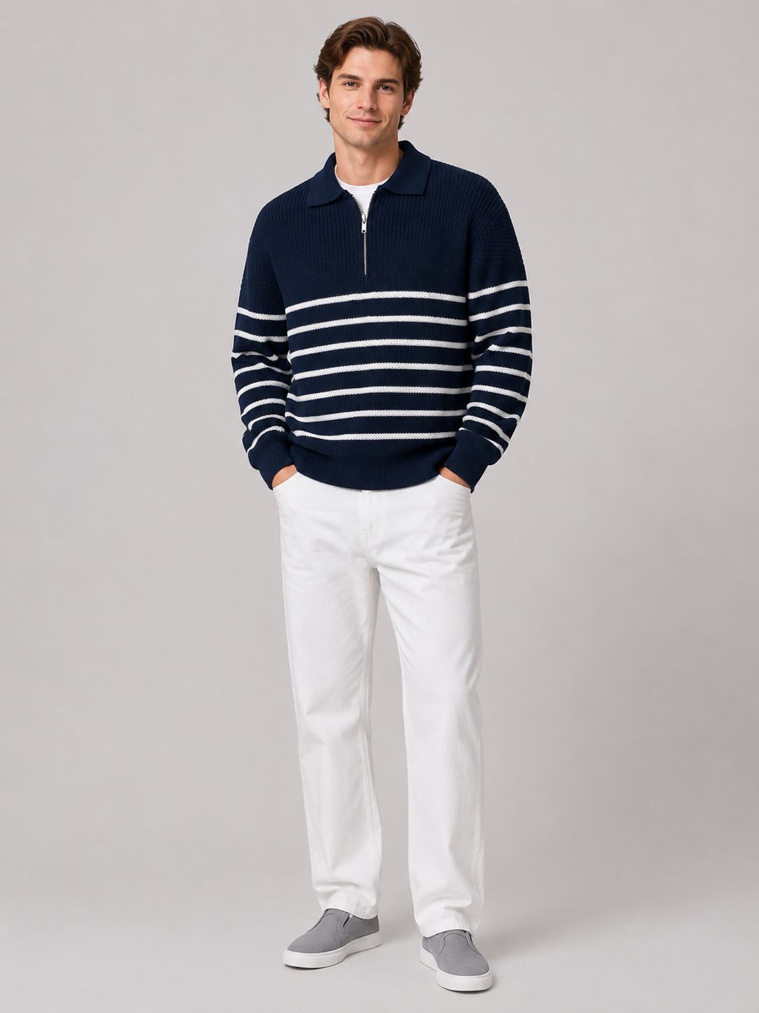 Navy striped quarter zip sweater for men loose fit lightweight pullover for everyday wear