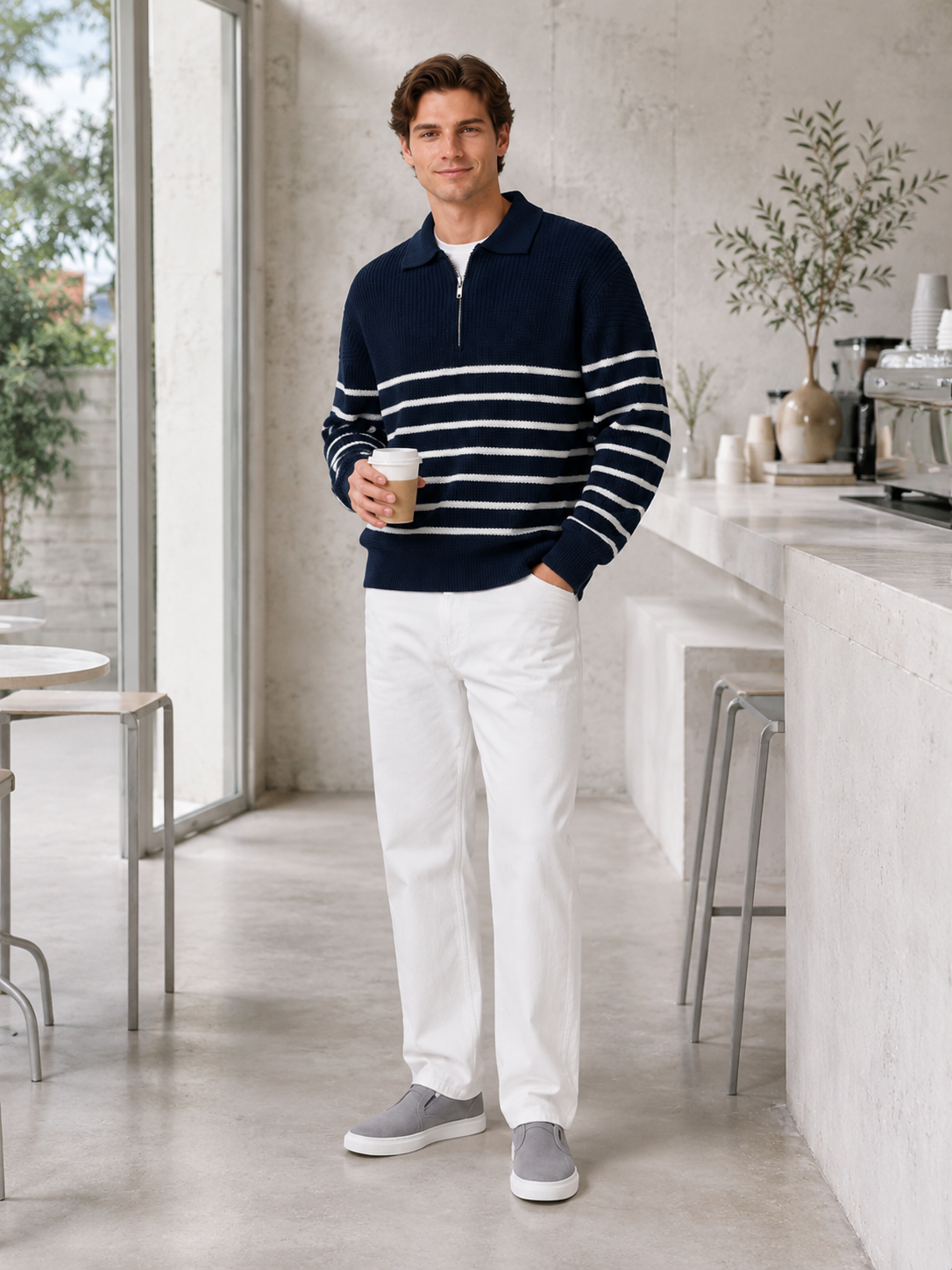 Man styling navy striped quarter zip sweater in a relaxed everyday fall lifestyle outfit