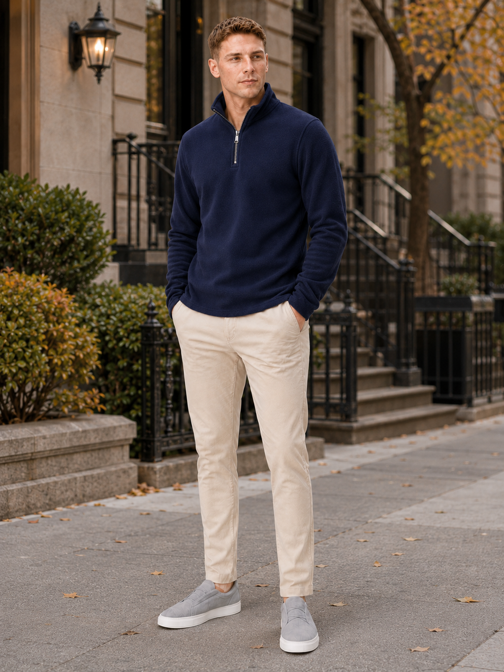 Man styling navy quarter zip fleece sweater in a classic outdoor and winter lifestyle outfit