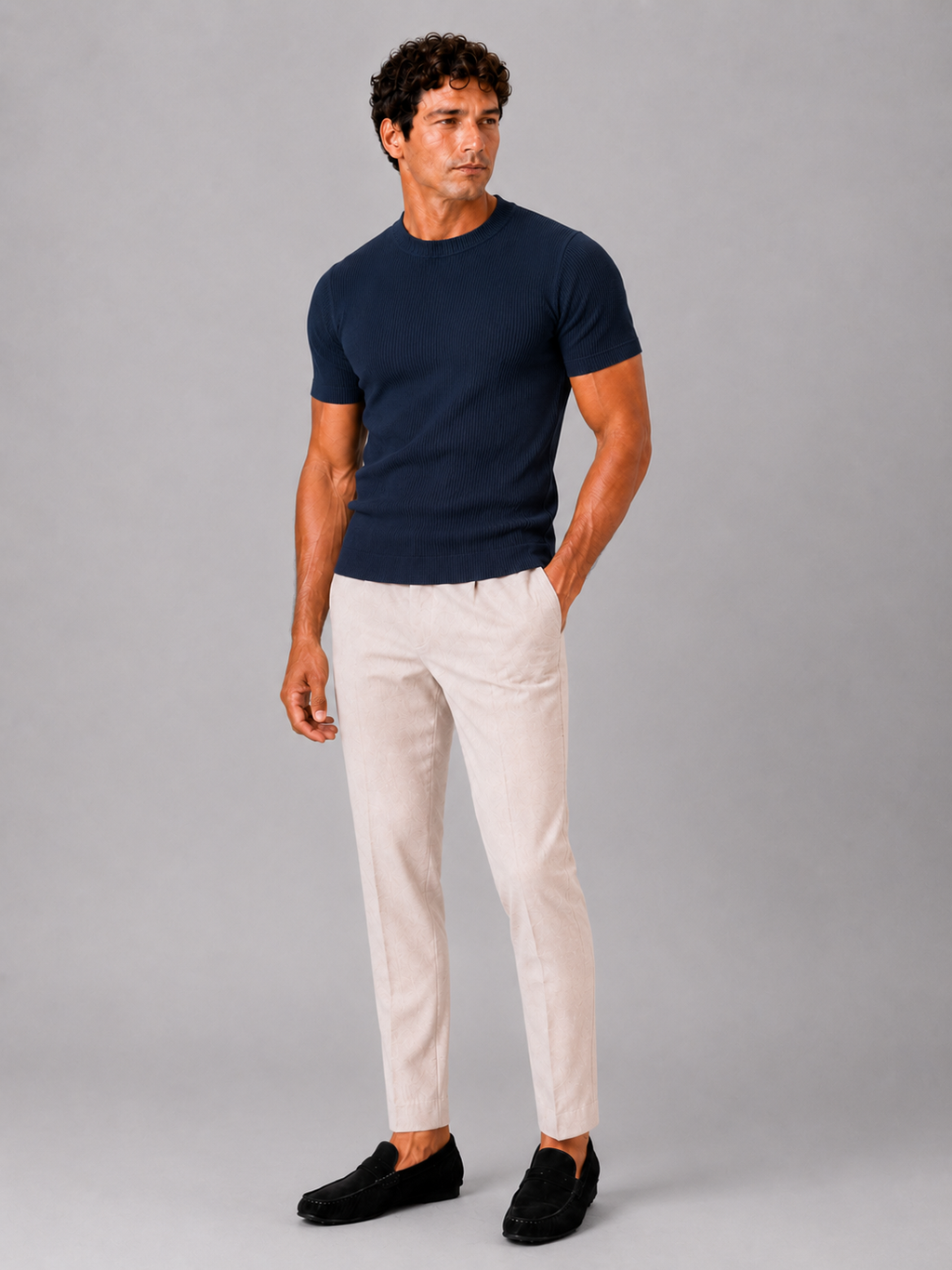 Navy ribbed fit t shirt for men lightweight breathable casual summer wear