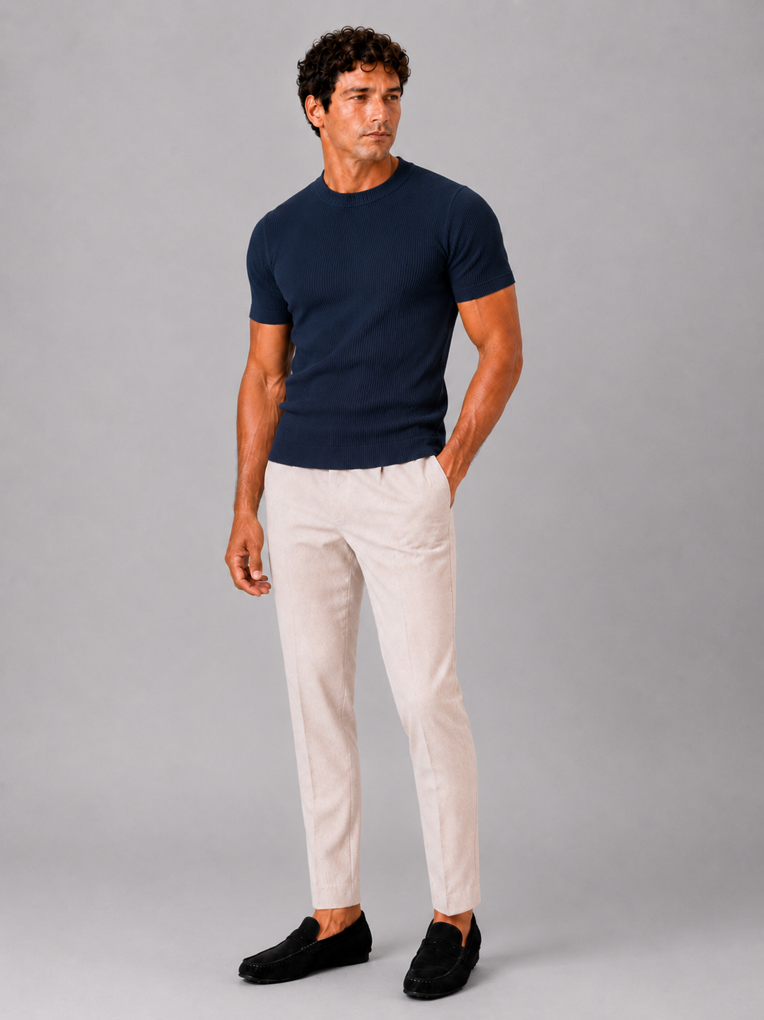 Navy ribbed fit t shirt for men lightweight breathable casual summer wear