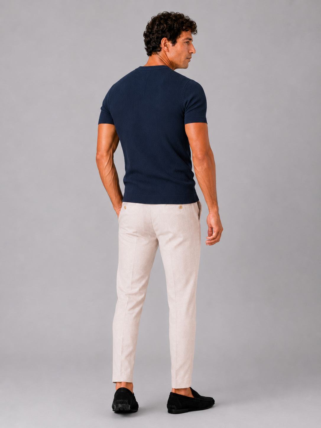Men’s navy crew neck ribbed t shirt comfortable stretch fabric for everyday outfits