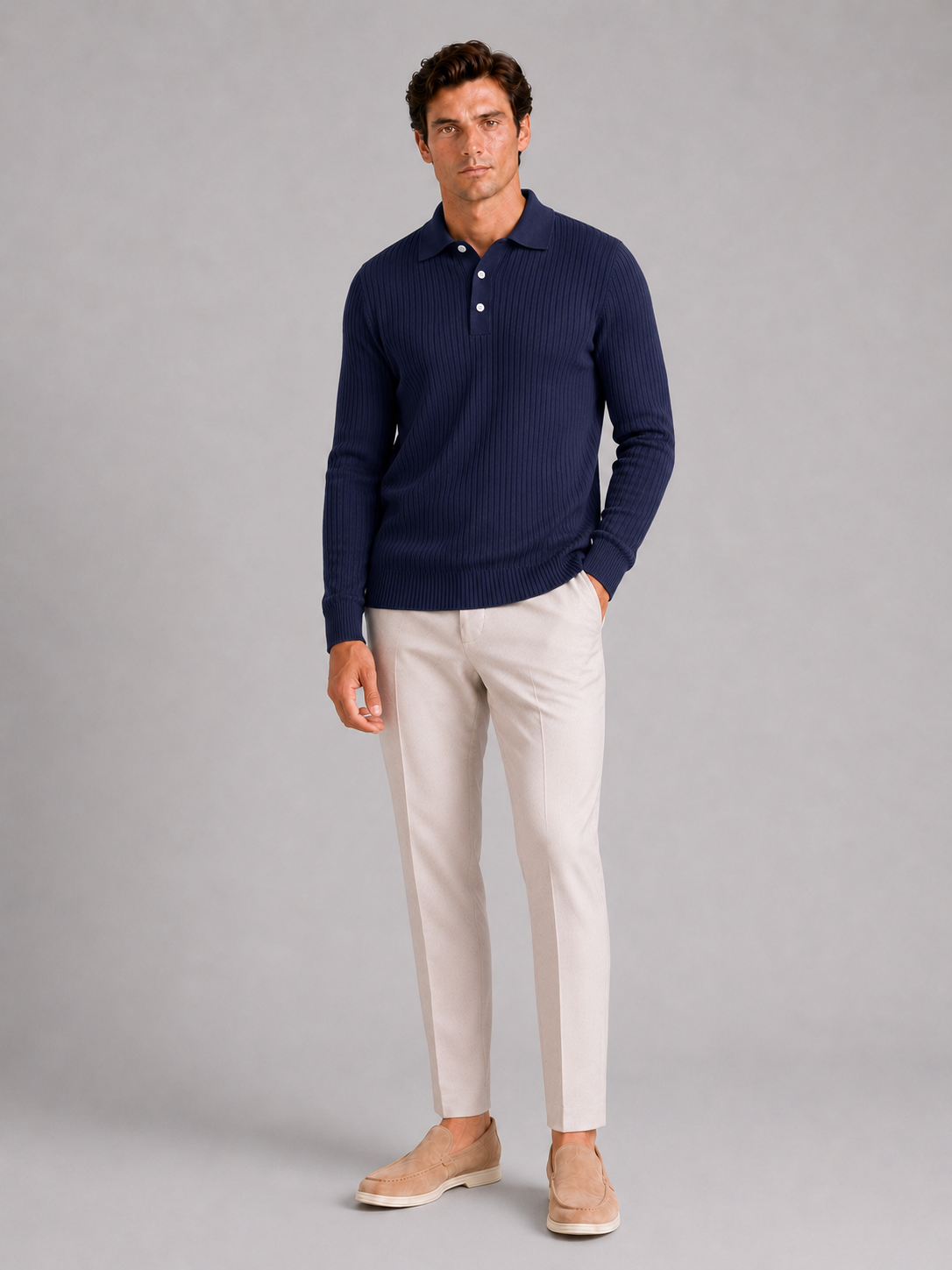 Navy long sleeve polo shirt for men comfortable lightweight top for vacation and everyday wear