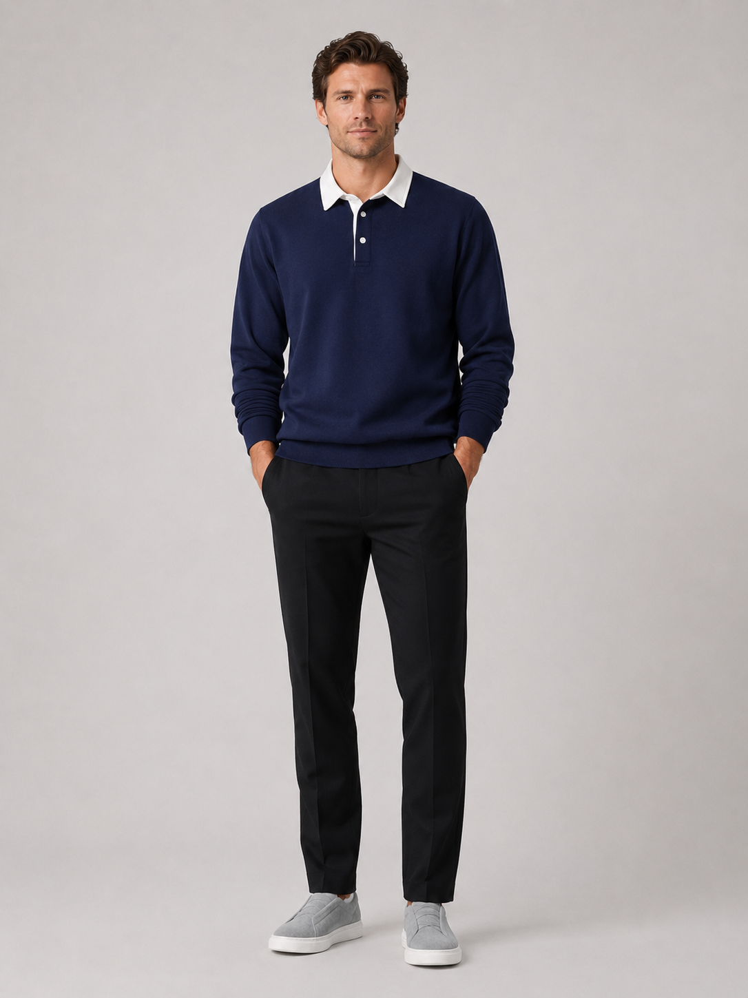 Navy rugby polo shirt for men long sleeve loose fit top for everyday wear