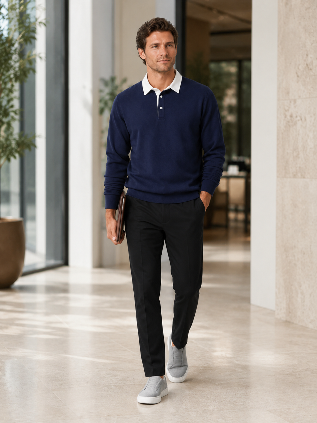 Man styling navy rugby polo shirt in a refined everyday business casual lifestyle outfit