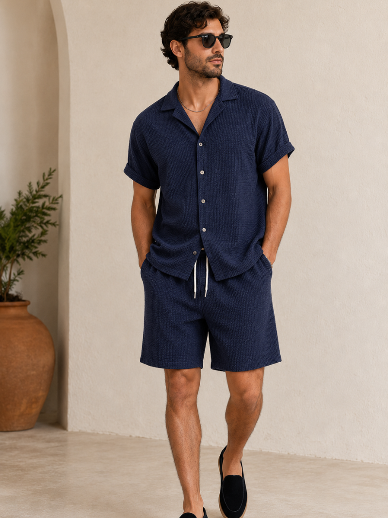 Men wearing navy short sleeve shirt and shorts set lightweight breathable refined summer style