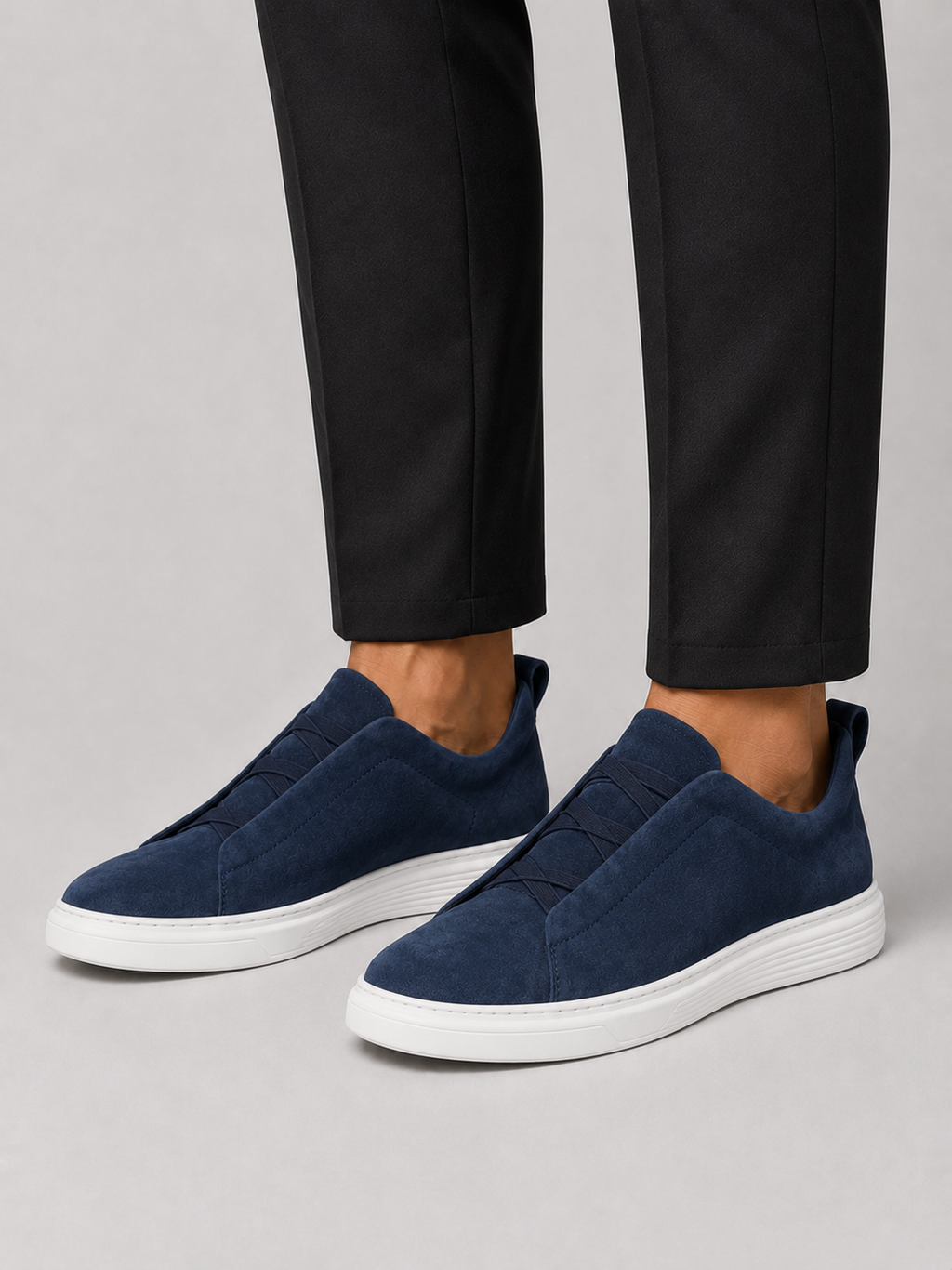 Men wearing navy suede slip on sneakers lightweight comfortable summer shoes for everyday wear