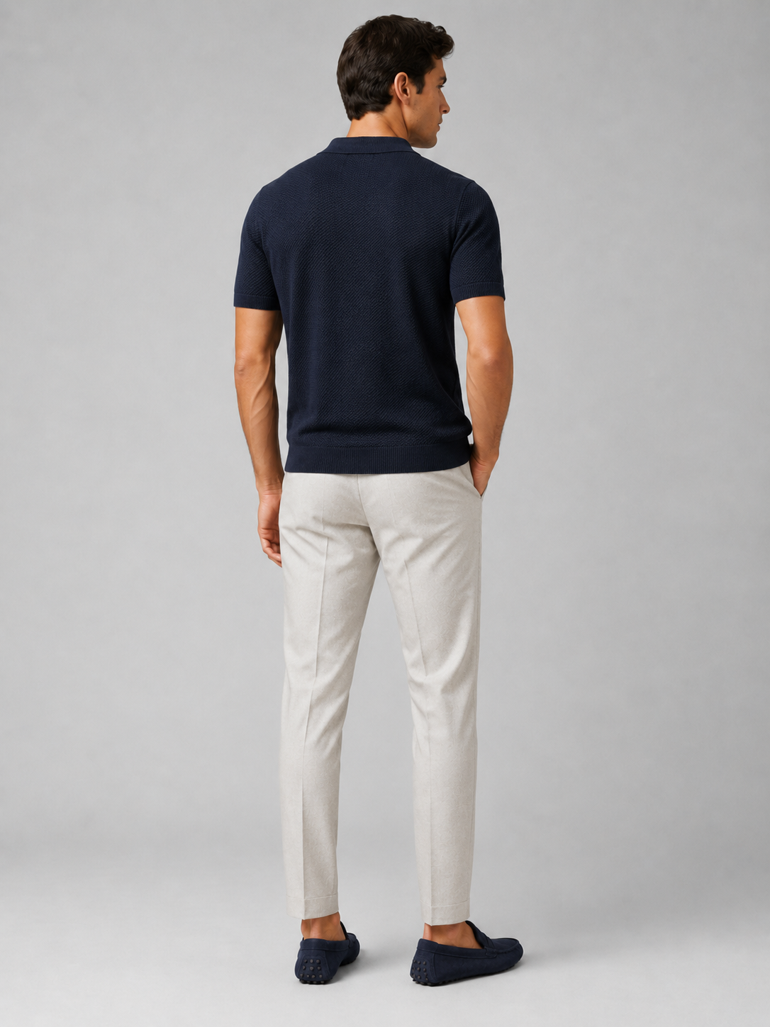 Men’s navy breathable knit polo shirt soft stretch fabric for business casual outfits