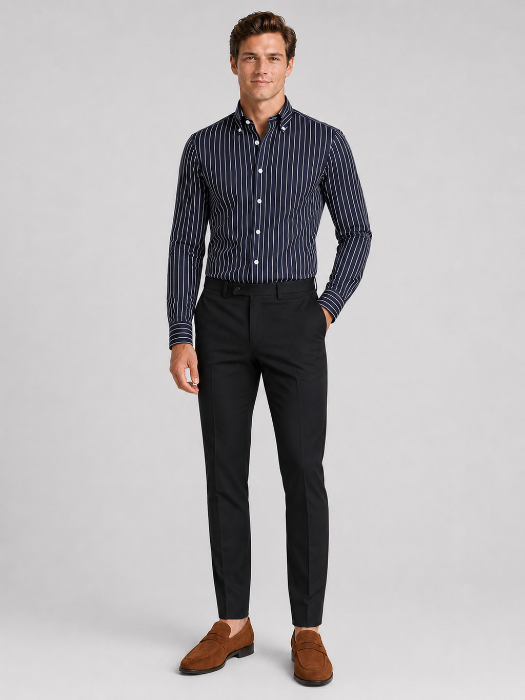 Navy striped button down shirt for men slim fit office shirt for everyday wear