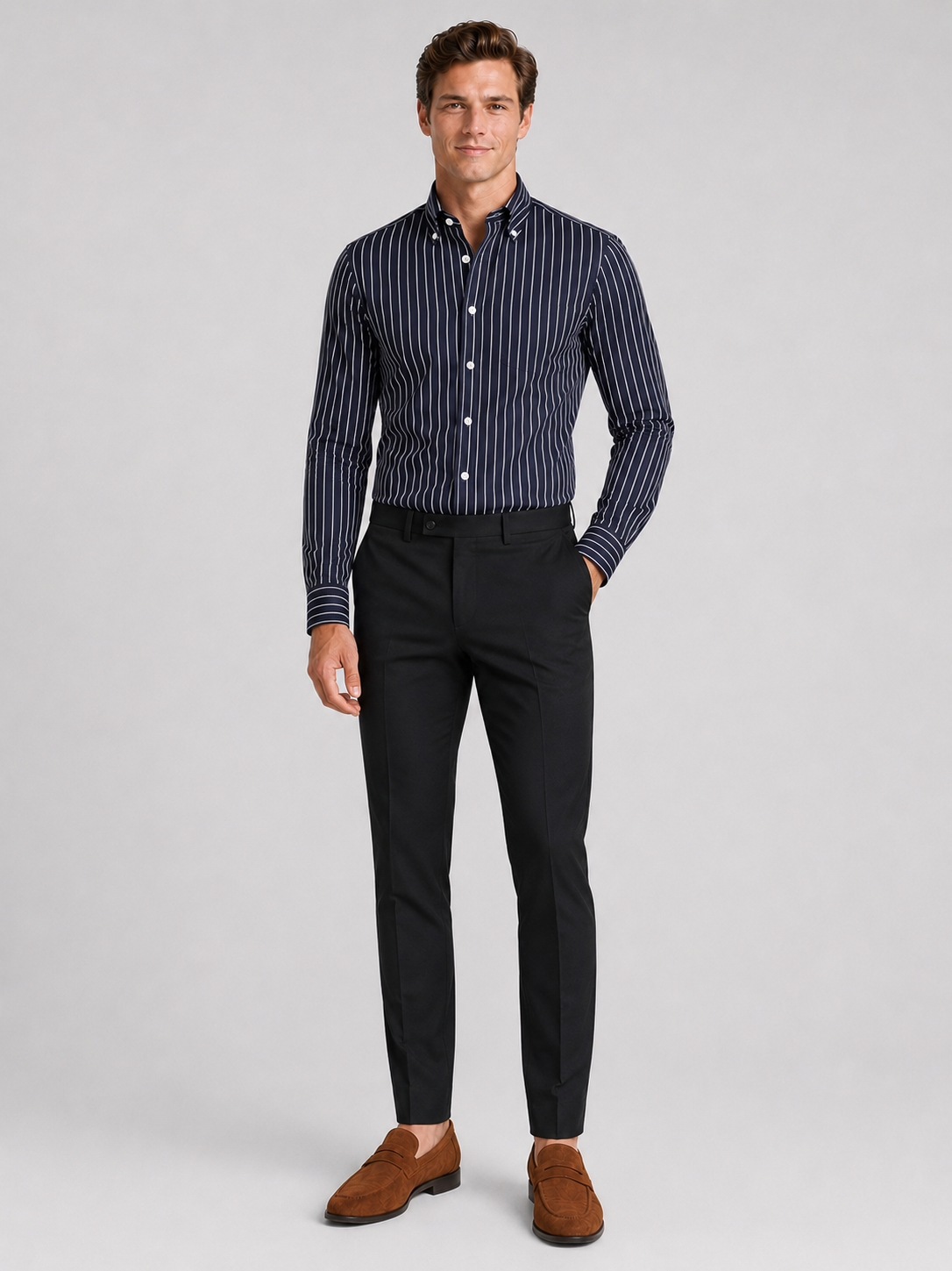 Navy striped button down shirt for men slim fit office shirt for everyday wear