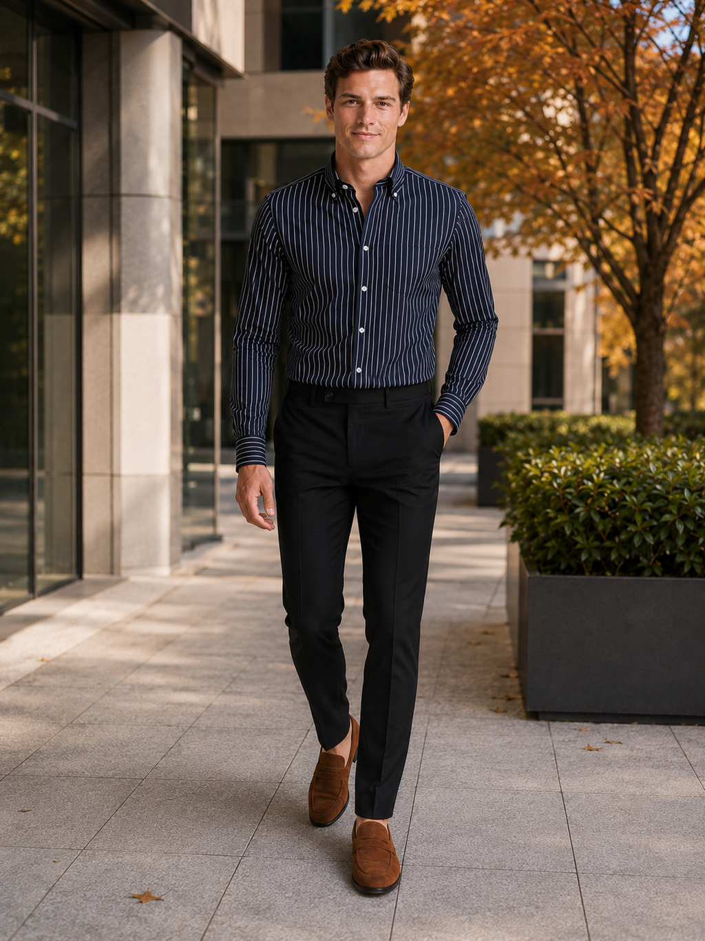Man styling navy striped button down shirt in a classic office and business casual outfit