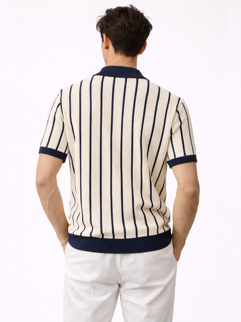 Men’s striped short sleeve knit polo shirt with button front and contrast collar, styled on model