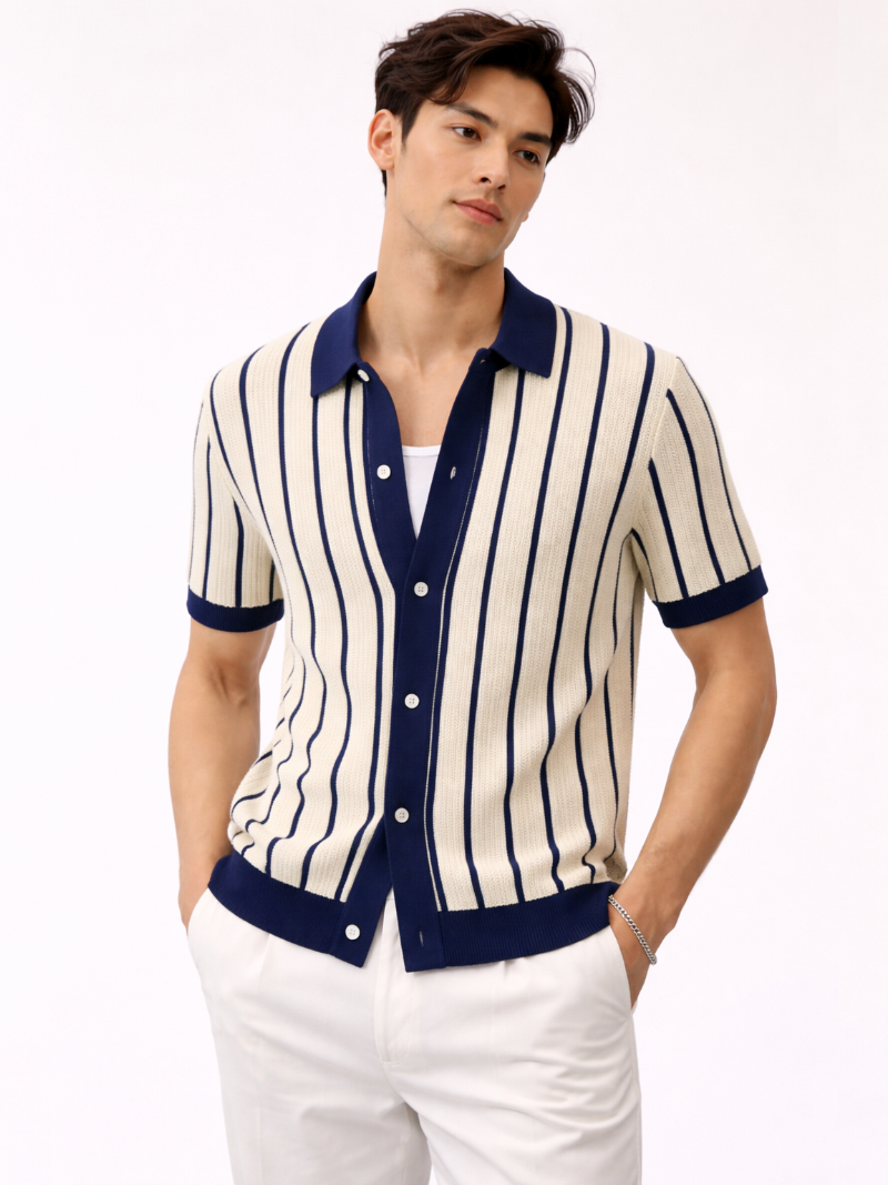 Men’s cream and navy striped short sleeve knitted polo shirt with button front, worn by model