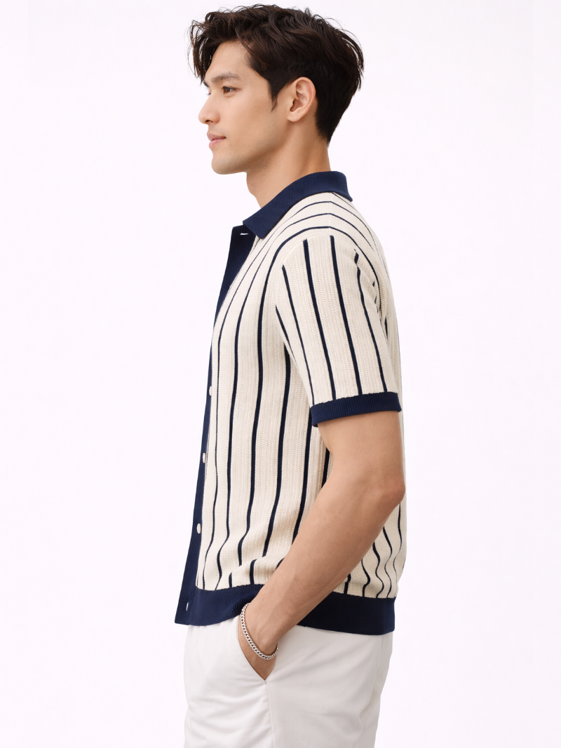 Men’s striped short sleeve knit polo shirt with button front, worn by model