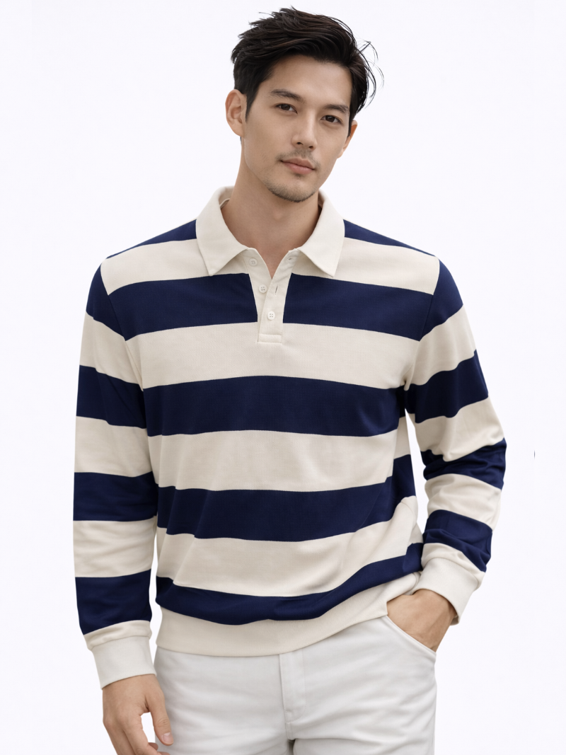 Men's navy and white striped long-sleeve rugby polo shirt