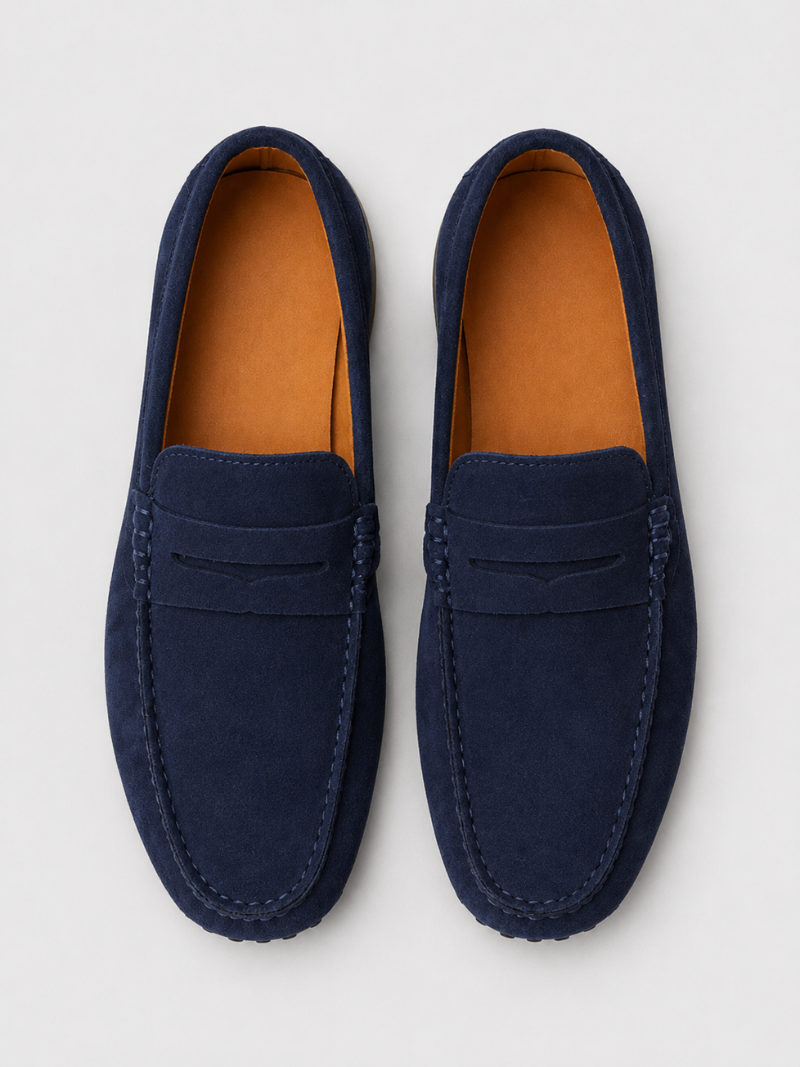 Men’s navy suede loafers handmade slip on moccasins soft comfortable smart casual footwear