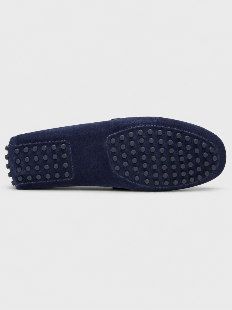 Navy suede penny loafers lightweight driving shoes refined moc toe style for everyday wear